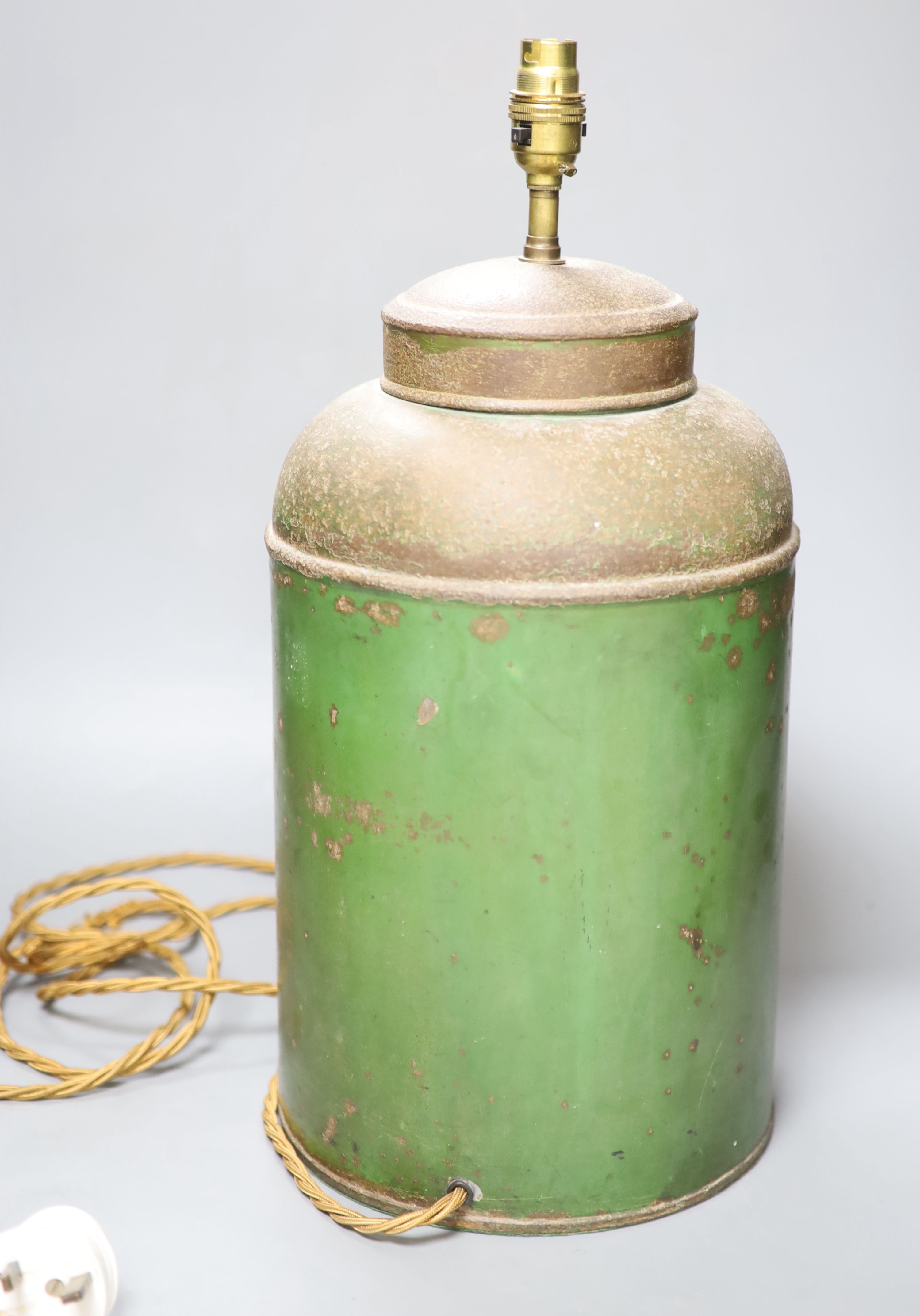 A green painted tin tea canister lamp, height 40cm excl. electrical fittings